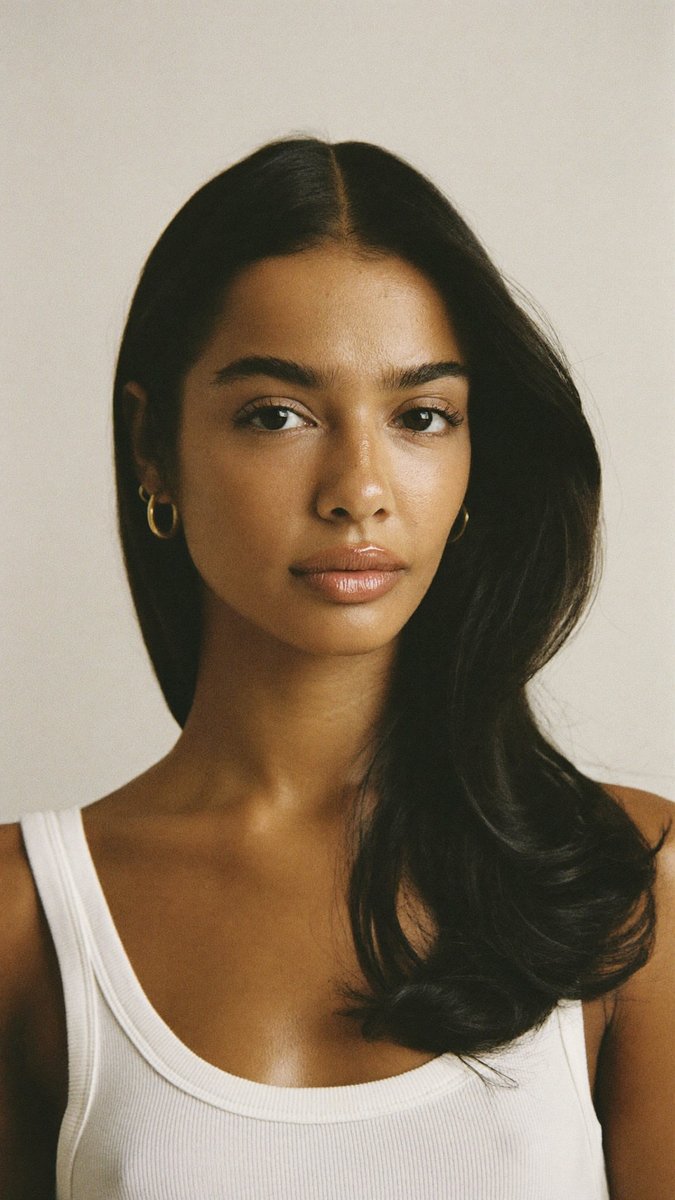 Cast face: the Guess Marciano model, long dark hair, white tank top