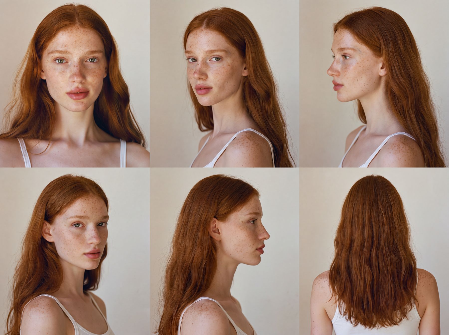 Casting sheet: one red-haired model shown from six angles